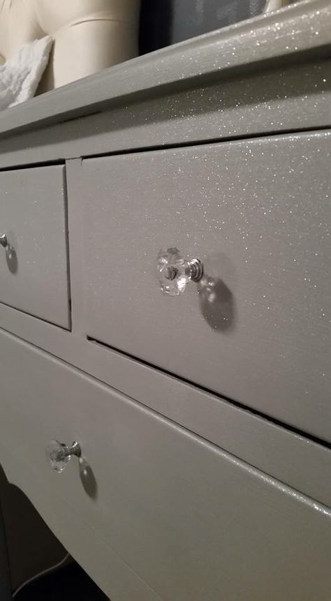 If anyone ever wondered like me if you could mix the Valspar or Target paint… Glitter Paint Furniture, Glitter Paint For Walls Bedrooms, Glitter Shelves, Glitter Vanity, Wall Paint With Glitter In It, White Glitter Paint For Walls, Sparkle Dresser Diy, Glitter Dresser, Grey Glitter Wall Paint Bedroom