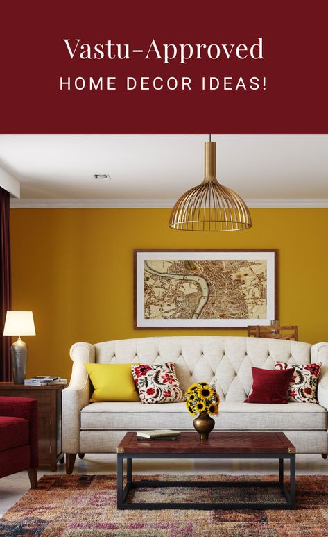 Expert Vastu tips on how to decorate your home to bring in prosperity and happiness! #livspace #vastushastra #vastutips #homedecor Decorative Items For Living Room, Vastu Tips For Home, Yellow Decor Living Room, Feng Shui Living Room, Drawing Room Decor, Living Room Drapes, Indian Living Rooms, Bring Good Luck, Temple Design For Home