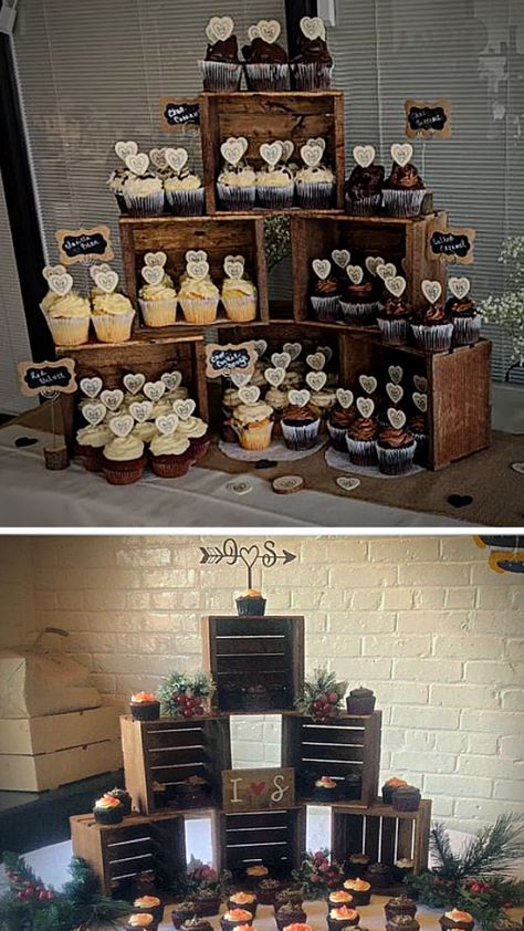 Diy Rustic Cupcake Stand, Wedding Cake Table Ideas Boho, Rustic Wedding Cupcakes Ideas, Desert Stands Display, Cupcake Displays For Weddings, Wooden Cupcake Stand Diy, How To Display Cupcakes At A Wedding, Graduation Cupcake Display, Cupcake Display Diy