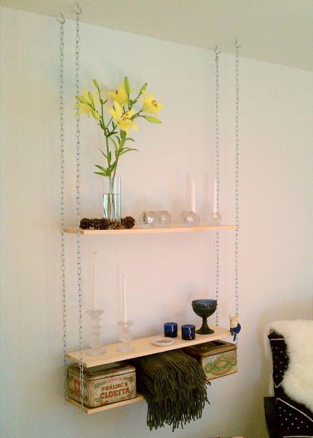 use more "refined" materials to create a hanging shelf under cabinets...Hang ‘em up! | IKEA Hackers Clever ideas and hacks for your IKEA Hanging Bookshelves, Koti Diy, Ceiling Shelves, Diy Hanging Shelves, Diy Wall Shelves, Ikea Hackers, Decorating Shelves, Ikea Diy, Hanging Shelves