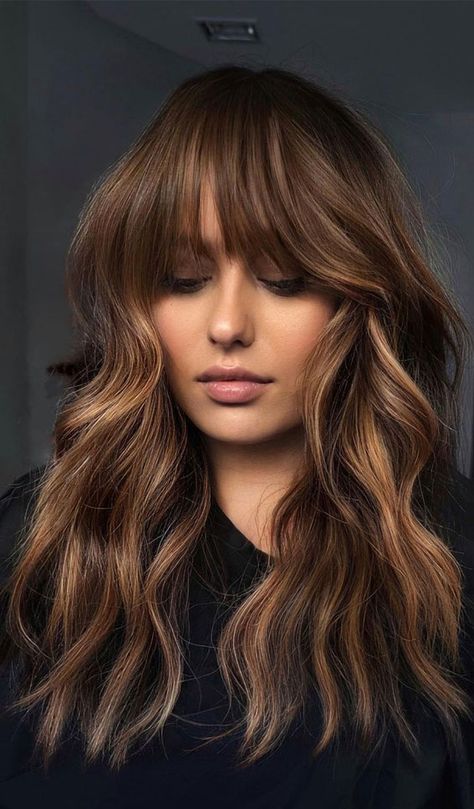 50+ Brunette + Brown Hair Colours & Hairstyles : Bronze Caramel with Fringe Espresso Hair Color, Rambut Brunette, Luxurious Hair, Brunette Balayage Hair, Chic Vibes, Winter Hair Color, Winter Hair, Balayage Brunette, Long Hair With Bangs