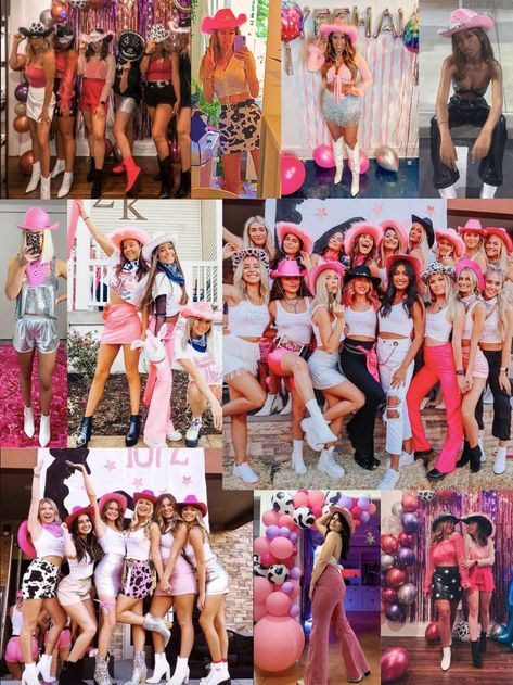 Cute Disco Cowgirl Outfits, Cowboy Disco Bachelorette Party Outfit, Cowgirl Hen Party Outfit, Nashville Bachelorette Photoshoot, Disco Cowgirl Bachelorette Outfit Pink, Pink Western Bachelorette Outfit, Space Cowboy Bachelorette Party Outfit, Electric Cowgirl Party, Space Cowgirl Hens Party