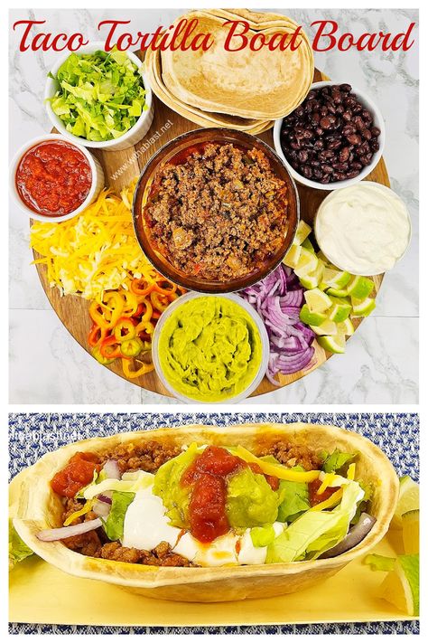 How to build a Taco Tortilla Boat Board for a crowd Taco Boats Recipes, Sweet Potato Taco Boat, Taco Salad Shells Tortilla Bowls, Taco Boats Zucchini, Taco Sweet Potato Boats, Taco Boat Recipes, Taco Boats, Crispy Tacos, Zesty Sauce