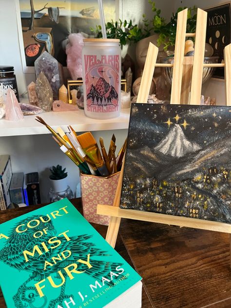 acotar acomaf velaris fanart acrylic painting aesthetic book aesthetic Bookish Canvas Painting, Book Canvas Painting Ideas, Simple Book Painting, Acotar Painting Easy, Acotar Canvas Painting, Velaris Painting Ideas, Night Court Painting, Booktok Drawings, Velaris Painting Easy