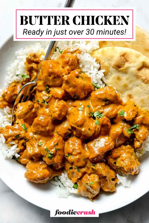 This flavorful Butter Chicken recipe is ready in just over 30 minutes, making it perfect for busy weeknights!  Tender chicken thighs are simmered in a creamy tomato sauce bursting with warm Indian spices.  Finished with a touch of lime juice and fresh cilantro, it's a delicious and satisfying meal that the whole family will love. Serve it over basmati rice and naan for a complete and flavorful experience. Butter Chicken Shawarma, Quick Butter Chicken Recipe, Indian Butter Chicken Recipe Easy, Authentic Butter Chicken Recipe Indian, Butterchicken Indian Recipe, Easy Butter Chicken, Butter Chicken Recipe Indian, Basmati Rice Recipes, Butter Chicken Sauce