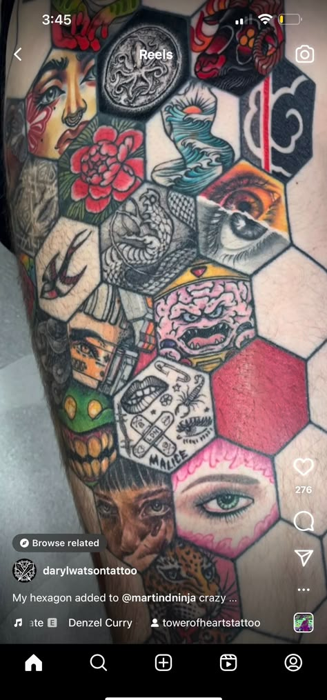 Mosaic Tattoo Sleeve, Mosaic Tattoo Men, Hex Tattoo Design, Grid Tattoo Design, Hexagon Sleeve Tattoo Design, Hexagon Neck Tattoo, Homey Comb Tattoo Design, Hexagonal Tattoo Design, Hexagon Tattoo Design Geometric Art