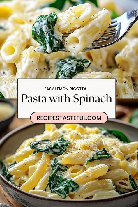 This Easy Lemon Ricotta Pasta with Spinach is a light, fresh, and flavorful dish that's perfect for a quick weeknight meal. Creamy ricotta cheese pairs beautifully with bright lemon and sautéed spinach, creating a balanced and delicious sauce that coats every bite of pasta. Simple to prepare and full of vibrant flavors, it’s a satisfying yet healthy meal everyone will love. Healthy Ricotta Pasta, Ricotta Cheese Sauce For Pasta, Lemon Ricotta Pasta Sauce, Healthy Ricotta Cheese Recipes, Pasta Dinners Recipes, Pasta With Ricotta Cheese, Pasta With Dill, Ricotta Pasta Sauce, Spinach Pasta Sauce