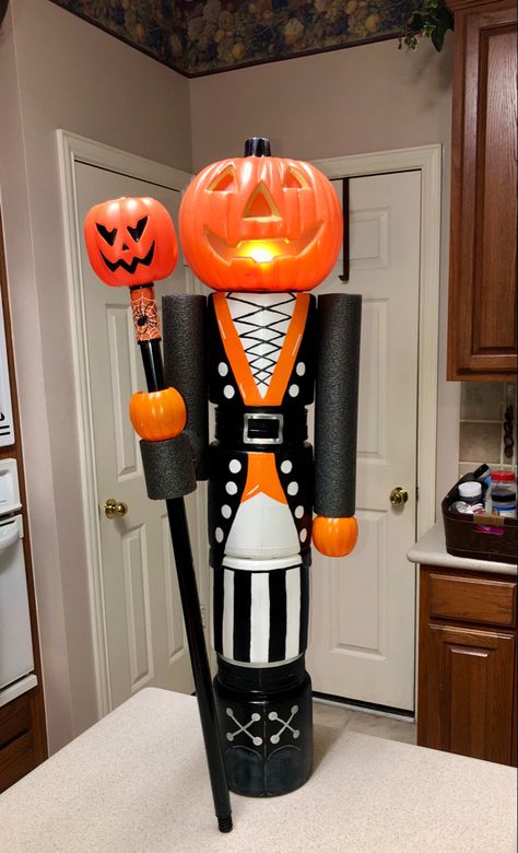 Made this Pumpkin Nutcracker from Dollar Tree items following Bargain Bethany’s YouTube video Christmas For Halloween, Pumpkin Nutcracker Diy, Dollar Tree Nutcracker, Halloween Nutcrackers Diy, Halloween Nutcrackers, Walmart Nutcracker Diy, Bargain Bethany, Dollar Tree Nutcracker Diy, Dollar Tree Skeleton Candle