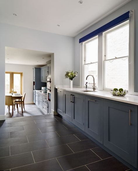 Slate Floor Blue Cabinets, Black Floor Blue Cabinets, Kitchen Slate Blue Cabinets, Blue Kitchen Cabinets Black Floor, Slate Tiles Kitchen, Blue Kitchen Dark Floor, Charcoal Tile Floor Kitchen, Blue Slate Tile Kitchen Floor, Kitchen Flooring Ideas Blue Cabinets