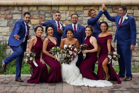 Navy blue groomsmen suits and maroon bridesmaids dresses Navy Blue And Red Groomsmen Suits, Royal Blue And Red Bridesmaid Dresses, Blue And Burgundy Bridesmaid Dresses, Maroon Bridesmaid Dresses With Groomsmen, Navy Blue Maroon Wedding, Fall Wedding Tuxedos Color Schemes, Navy Maroon Wedding, Royal Blue Groomsmen Suits, Blue Maroon Wedding