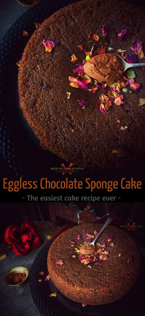 Cake Recipes Eggless, Eggless Sponge Cake Recipe, Eggless Cake Recipes, Chocolate Sponge Cake Recipe, Basic Chocolate Cake, Eggless Sponge Cake, Doctored Cake Mix Recipes, Eggless Chocolate Cake, Sponge Cake Recipe