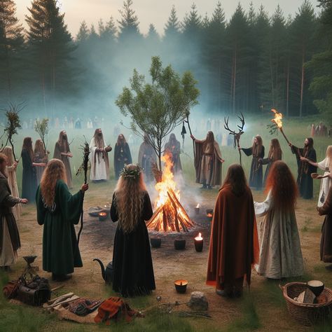 A pagan ritual in a clearing, with participants dressed in traditional robes, celebrating nature with a bonfire. Pagan Fall Traditions, Celtic Rituals, Paganism Aesthetic, Yule Solstice, Wisdom Aesthetic, Celtic Aesthetic, Pagan Celebrations, Dark Witchcraft, Pagan Aesthetic