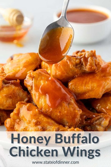 Oven-Baked Honey Buffalo Wings Hot Honey Sauce Chicken Wings, Sweet And Hot Wing Sauce, Buffalo Wings Crockpot, Mild Hot Sauce Recipe, Honey Buffalo Wings, Honey Buffalo Chicken, Honey Hot Sauce, Sweet Spicy Sauce, Buffalo Chicken Wings Recipe