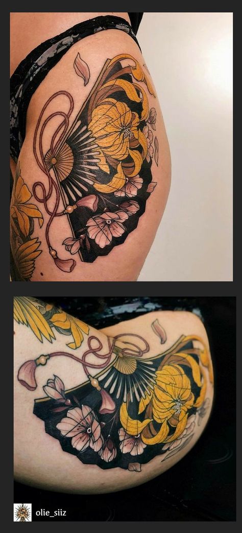 Fan Thigh Tattoo Detailed Thigh Tattoos For Women, Asian Inspired Thigh Tattoos, Japanese Tattoos Thigh, Fan Japanese Tattoo, Thigh High Tattoos Women, Upper Back Piece Tattoos For Women, Back Of Thigh Tattoo Traditional, Thigh Portrait Tattoo, Feminine Neotraditional Tattoo