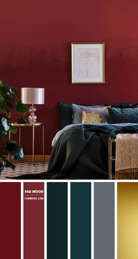 Burgundy and Dark Teal Bedroom with Gold Details Red Bedroom Color Schemes, Navy Burgundy Bedroom, Navy Red Bedroom, Burgundy Wall Bedroom, Navy Blue And Burgundy Bedroom, Dark Blue And Red Bedroom, Color Palette Bordeaux Burgundy, Navy And Burgundy Bedroom, Navy Blue And Red Bedroom