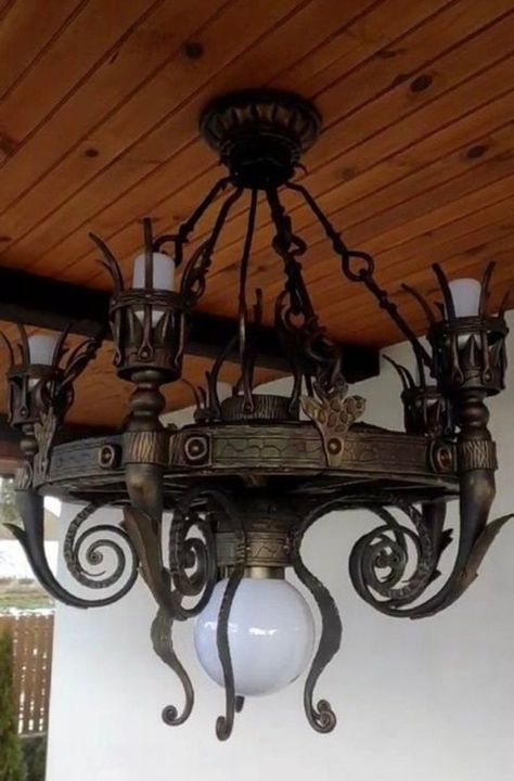 forgedcommodities.etsy.com Viking Inspired Home, Viking Lamp, Viking House Interiors, Medieval House Interior, Fantasy Chandelier, Viking Bedroom, Medieval Lamp, Medieval Lighting, Medieval Chandelier