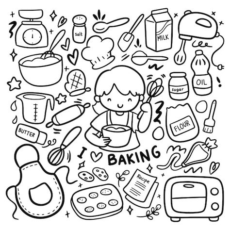 Bakery Doodle Art, Baking Doodles, Monthly Doodles, Paint Coloring Pages, Baking Drawing, Hobbies Drawing, Sketch Creative, Arte Doodle, Food Doodles