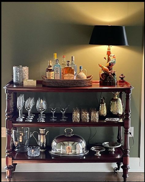 Dark Academia Bar Cart, Drinks Trolley Styling, Bar Cart Styling Apartments, Bar Cabinet Styling, Bar Chest, Bar Cart Vintage, Whiskey Room, Bar Trolley, Townhouse Interior