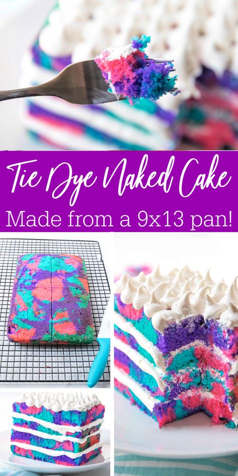 Tie Dye Nake Cake is a gorgeous and bright colorful layered cake. A colored vanilla cake that offers a stunning tie-dye pattern. The frosting is a three-ingredient whipped frosting! #cake #tiedye #easy #Layered #9x13pan #passion4savings #boxedcakemix #easy #dessert Tye Dye Cake, Homemade Cake Recipe, Tie Dye Birthday Party, Ty Dye, Tie Dye Birthday, Tie Dye Party, Whipped Frosting, Tie Dye Crafts