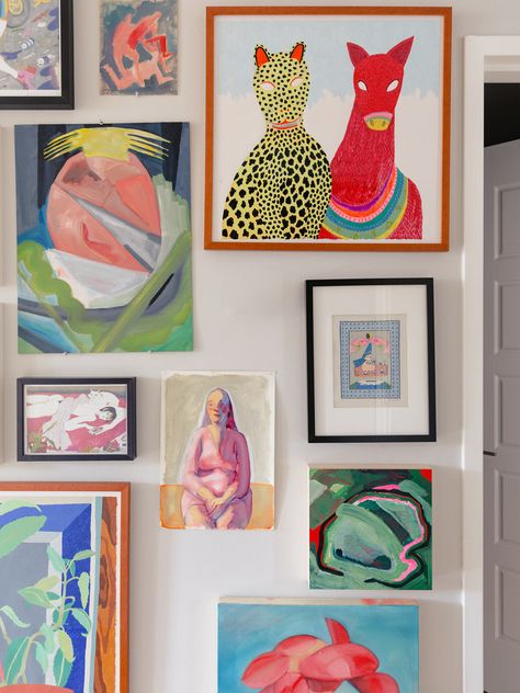 Bright Color Gallery Wall, Vibrant Hallway, Frames Hallway, Wall With Paintings, Paintings Gallery Wall, Colorful Gallery Wall, Hallway Gallery, Hallway Gallery Wall, Art Placement