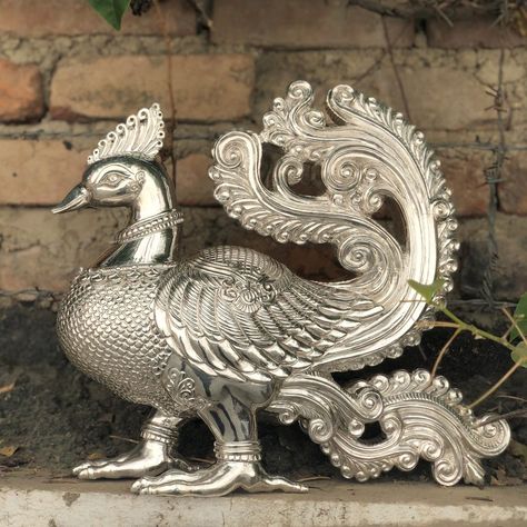 Annapakshi - Silver Showpiece | Click to purchase at Artisera  #showpiece  #luxurydecor #decoratingideas #luxury #forsale #artisera Mythical Bird, Silver Silverware, Silver Furniture, Goddess Sculpture, Boho Art Drawings, Silver Pooja Items, Ancient Statues, Indian Sculpture, Lord Ganesha Paintings