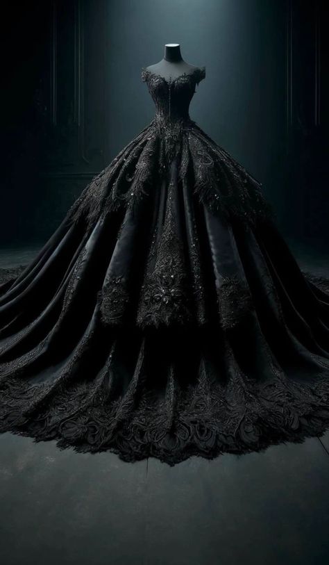 Black Gowns Aesthetic, Black Princess Wedding Dress, Black Ball Gown Aesthetic, Aesthetic Wedding Dress, Goth Wedding Dresses, Gothic Wedding Theme, Puffy Wedding Dresses, Black Wedding Gowns, Black Ball Gown