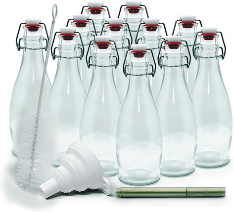 Nevlers Beautiful and high quality glass bottles are perfect for storing almost anything ! The thick glass bottle can be used for water bottles , wine , syrups , oils , celery juice , pickle juice . You name it ! 🍾 The Nevlers Glass Bottle Set includes ; 12 Glass bottles with flip cover , rubber seals, 1 funnel , 1 Bottle Brush and 1 Gold Glass Marker . The Glass pitcher bottle is designed with a narrow top for an easy pour into your drinking glasses . Kombucha Bottles, Storing Water, Infused Oils, Bar Glassware, Glass Water Bottle, Oil Water, Glass Pitchers, Bottle Brush, Markers Set