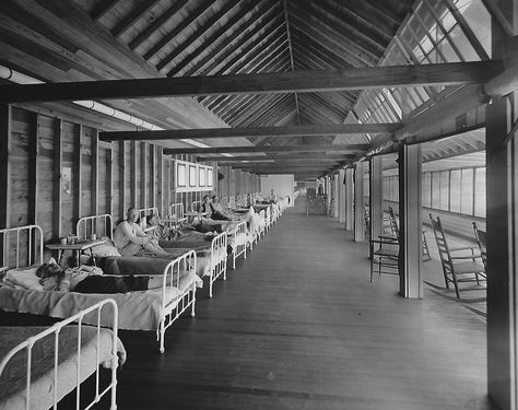 The view of the men's dormitory in the tuberculosis sanitarium in 1914. Health Notes, Detroit History, Michigan History, Old Hospital, Abandoned Asylums, Mental Institution, Psychiatric Hospital, Spooky Places, Most Haunted Places