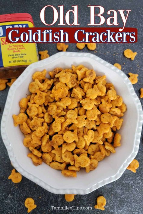 Easy Old Bay Goldfish Crackers are the perfect spicy cracker snack! The combination of spicy Old Bay with Original Goldfish Crackers is epic! The perfect after school snack, on top of soups and chowders, as a salad topper, or crushed up to coat chicken or fish. Goldfish Seasoned Crackers, Original Goldfish Crackers, Gold Fish Cracker Snacks, Oyster Crackers Old Bay, Fish Crackers Recipe, Old Bay Seasoned Oyster Crackers, Snack Mix With Goldfish Crackers, Spicy Goldfish Crackers, Old Bay Oyster Crackers