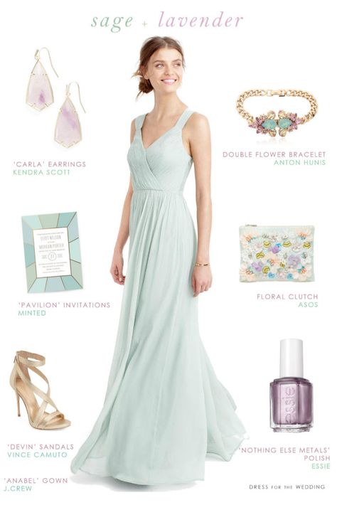 Sage green dress for bridesmaids with lavender accessories Sage Green And Lavender, Lavender Accessories, Green Dress Outfit, Hoco Inspo, Lavender Bridesmaid, Green And Lavender, Wedding Dresses Videos, Beach Wedding Attire, Wedding Bridesmaids Dresses Blue