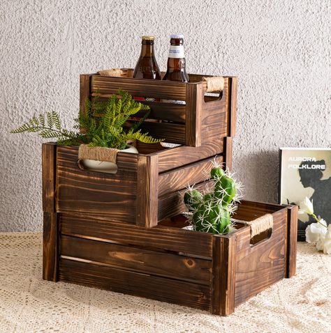 PRICES MAY VARY. RUSTIC FARMHOUSE DECOR–Add an unique modern farmhouse touch to your home with these rustic wooden decorative crates. SUPERIOR QUALITY – Our 3 pack wooden storage boxes are made of 100% natural solid wood, which is sturdy and durable, each side of corners are double-thickened, the structure is strong and stable for long-term use. UNIQUE DESIGN – The rectangular nesting crates have natural wood grain and knots on the surface, so each crate is unique, the farmhouse jute rope cutout Diy Bar Shelf Ideas, Decorative Crates, Diy Bar Shelves, Bar Shelf Ideas, Wooden Baskets, Wooden Storage Crates, Wooden Containers, Wooden Basket, Diy Bar