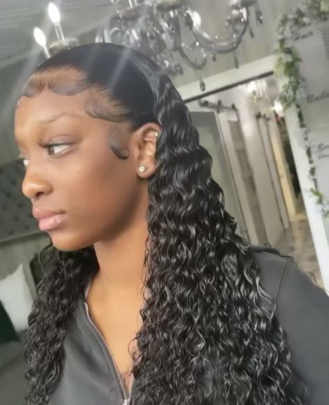 Slick Back Curly Wig Black Women, Sleek Back Wet Look Hair, Slick Back Wet Hair Look Curly, Prom Hair 2023, Girl Updo Hairstyles, Baddie Hair Styles, Wig Room, All Back Hairstyle, Hairstyle Color Ideas