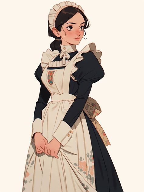 Royal Maid Anime, Maid Dnd Character, Maid Uniform Drawing, Female Butler Character Design, Royal Maid Uniform, 1800 Character Design, Servant Pose, Servant Character Design, Royal Servant Outfit