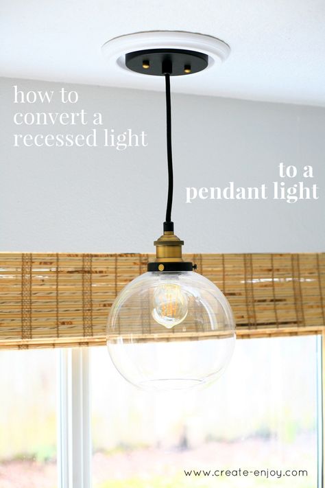 How to use a converter kit and pendant light to convert a recessed or can light to a pendant fixture Canned Lights, Canned Lighting, Sewing Upcycling, Led Pot Lights, Small Kitchen Lighting, Rejuvenation Lighting, Lighting Hacks, Kitchen Revamp, Can Lighting