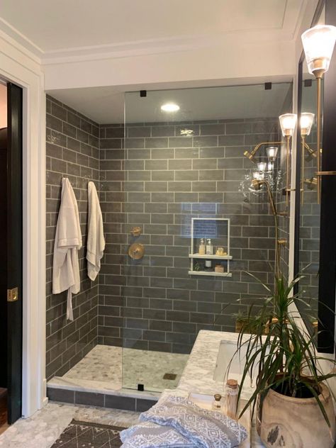 Guest Bath With Shower Only, Walk In Showers No Doors With Bench Master Bathrooms, Small Tiled Showers, Gray Shower Ideas, Stand Up Shower Tile Ideas, Grey Shower Tile Ideas, Master Shower Ideas, Houzz Bathroom, Basement Bathrooms