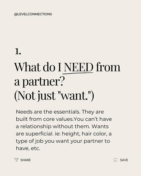 Your well-being matters in dating Navigating the path to a great connection requires more than just your desire to have a relationship—it demands introspection and honesty. Here are 5 pivotal questions to guide your journey in relationship and personal well-being. ✨ 1. Dive deep into your core values—what do you truly NEED from a partner beyond the surface wants? 2. Assess the balance—Is the effort in your relationship reciprocated equally? Mutual investment is non-negotiable. 3. Evaluat... Important Values In A Relationship, Needs Not Met In Relationship, What Do You Want In A Relationship, Relationship Non Negotiables, Wants And Needs In A Relationship, Non Negotiables Relationships, Standards In A Relationship, Values In A Relationship, Equal Relationship