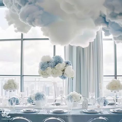 35 Dreamy Ideas for a 'She's on Cloud Nine' Bridal Shower | Cardmint Clouds Wedding Decor, Cloud Flower Centerpiece, On Cloud 9 Decorations, Cloud Theme Party Ideas, On Cloud Nine Wedding Theme, Wedding Clouds, Heavenly Decorations, Cloud Napkins, Cloud Nine Table Decor