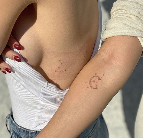 Scorpio Couple Tattoo, Matching Constellation Tattoo, Minimalist Tattoo Scorpio, Astrology Couple Tattoo, Scorpio Constellation Tattoo Minimalist, Virgo Tattoo Designs, Matching Bff Tattoos, Partner Tattoos, Virgo Constellation Tattoo