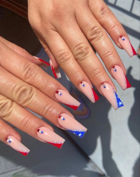 Coffin Shape 4th Of July Nails, Short Square Acrylic Nails 4th Of July, 4th Of July Nail Designs Square, 4 Th Of July Nail Designs, 3d 4th Of July Nails, Fourth Of July Nails French Tips, Fourth Of July Nails Coffin, 4th Of July Nail Designs Coffin, 4th Of July Nails With Rhinestones