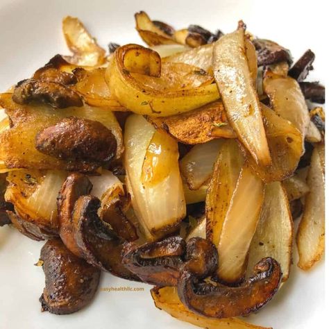 Balsamic Roasted Onions and Mushrooms | EasyHealth Living Low Carb Snacks For Diabetics, Snacks For Diabetics, Baked Greek Chicken, Balsamic Onions, Mushrooms And Onions, Roasted Onions, Carb Snacks, Roasted Mushrooms, Mushroom And Onions