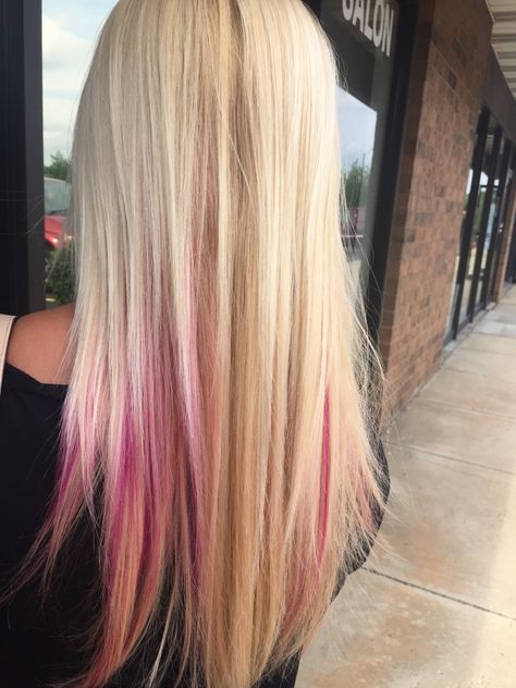 Pink Strand In Blonde Hair, Pink Under Dye Hair Blonde, Pink Peak A Boo Blonde Hair, Blonde Hair Colorful Highlights, Pink Peekaboo Highlights Blonde Straight Hair, Blonde Hair With Light Pink Underneath, Barbie Pink Highlights, Chunky Pink Highlights In Blonde Hair, Merliah Summers Hair