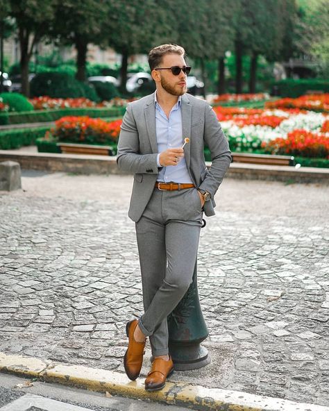 How to Wear a Suit Without a Tie: Men's Style Guide • Styles of Man No Tie Suit, Suit Without Tie, Grey Check Suit, Charcoal Gray Suit, Suit Combinations, Light Blue Dress Shirt, Charcoal Suit, Light Grey Suits, Tan Suit