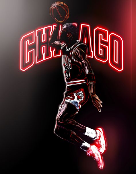 Chicago Bulls Michael Jordan neon Nights glow design, created by James Ryan. Hair Jordan, Cool Basketball Wallpapers, Glow Design, Jordan Chicago, Nba Basketball Art, Basketball Wallpaper, Neon Nights, Basketball Art, Nike Wallpaper