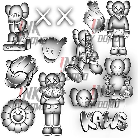 Kaws V2 brush set is now available on the site! inkbydomo.com 🤝🏽 Kaws Doll Tattoo, Kaws Hand Tattoo, Kaws Tattoo Stencil, Kaws Henna Tattoo Designs, Bape Tattoos, Tattoo Ideas For Men Stencil, Kaws Tattoo Design, Kaws Outline, Kaws Tattoo Sleeve