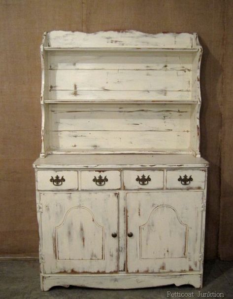 Painted Furniture, White Hutch ~ can't believe how beautiful this is considering the ho hum "before" picture. Painting Furniture White, White Distressed Dresser, Distressed Hutch, White Distressed Furniture, White Hutch, Distressed Cabinets, Distressed Dresser, White Cupboards, Diy Furniture Redo