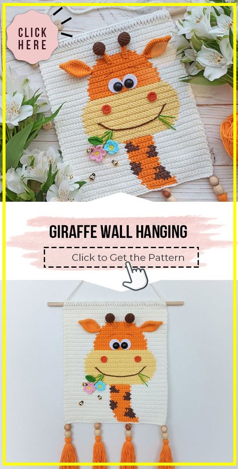 crochet Giraffe Wall Hanging free pattern - Easy Crochet Decoration Pattern for Beginners. Click to Try the Pattern #Decoration #crochetpattern #crochet via @shareapattern.com Giraffe Haken, Crochet Nursery Decor, Crochet Giraffe, Crochet Wall Art, Wall Hanging Designs, Crochet Nursery, Giraffe Crochet, Crochet Wall Hangings, Beginner Knitting Projects