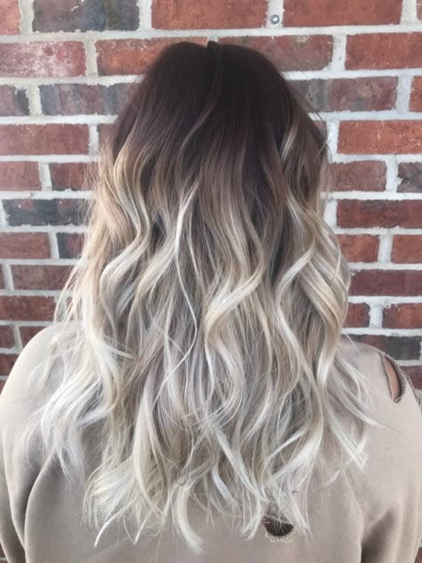 Dark Brown To Platinum Blonde Balayage, Brown Hair With White Balayage, Brown To White Balayage, Brown Roots Platinum Blonde Hair, Brown To White Blonde Balayage, White Blonde Ombre Dark Roots, Ombre Hair Color For Brunettes Blonde, Bleach Ombre Hair, Red Brown To Blonde Balayage