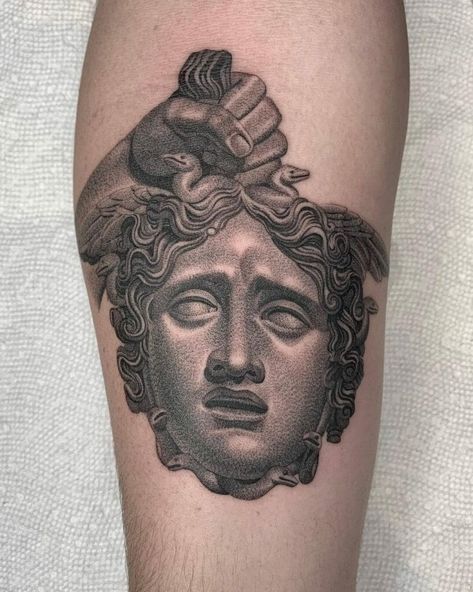 Stone Head Tattoo, Medusa Head Tattoo, Stone Medusa Tattoo, Perseus Holding Medusa Head Tattoo, Medusa Holding Perseus Head Drawing, Perseus Holding Medusa Head, Medusa Holding Poseidon Head, Stone Tattoo, Poseidon Tattoo