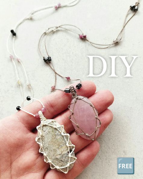 macrame for beginners ✨ in this tutorial I going to share how to make unisex Necklace, easy and beautiful step by step ✨ Crystal Pouch Necklace Diy, How To Make Macrame Necklace, Simple Macrame Necklace, Gemstone Macrame Tutorial, Macrame Crystal Necklace Diy Tutorial, Macrame Jewelry Tutorial Step By Step, Rock Necklace Diy, Crystal Wrapping Diy Macrame, Macrame Stone Wrap