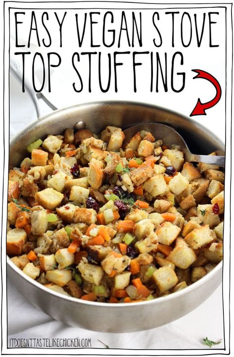 Easy Vegan Stove Top Stuffing!! The perfect traditional stuffing for Thanksgiving or Christmas. Just 30 minutes and can be made ahead of time. Perfectly seasoned, fluffy, with sage, thyme, rosemary and dried cranberries. #itdoesnttastelikechicken #veganrecipes #veganthanksgiving #thanksgiving Stuffing For Thanksgiving, Stovetop Recipes, Vegan Stuffing, Traditional Stuffing, Stove Top Stuffing, Vegan Thanksgiving Dinner, Dinner Quick, Vegan Holiday Recipes, Thanksgiving Dinner Recipes